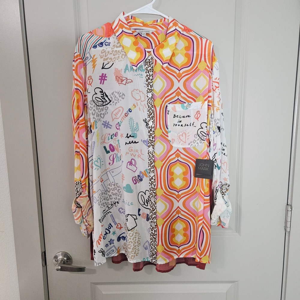 NEW John Mark Womens 2X Mixed Print Graffiti Geometric Button Down Shirt NWT